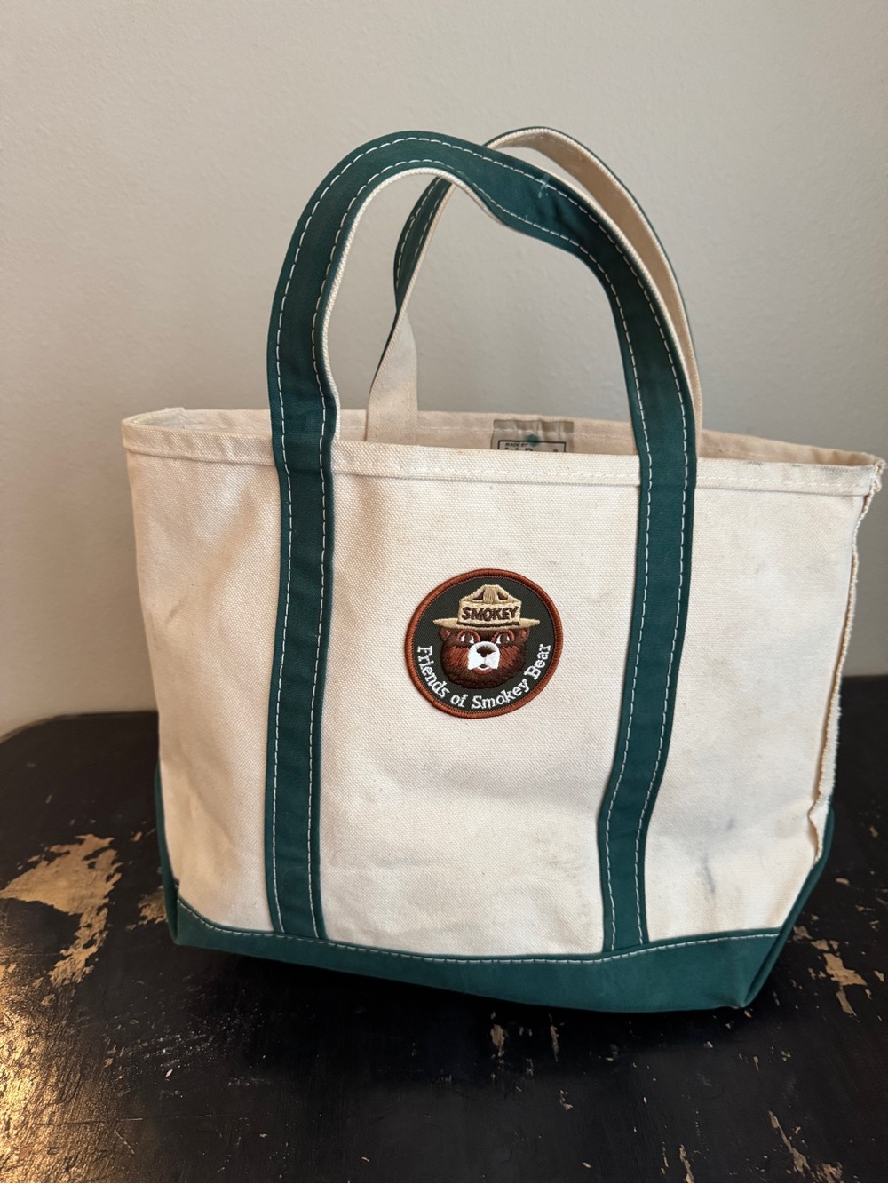 Trashed ll bean boat & tote Canvas Bag in Cream with Green Trim. Smoky the bear